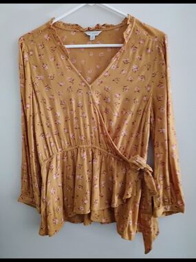 Lucky Beans Mustard Floral Wrap Peplum Top